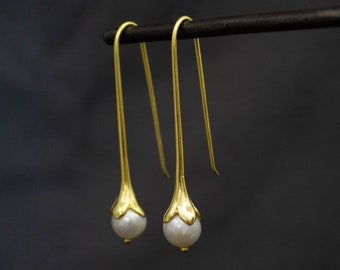 Pearl and Gold Earrings, Art Nouveau Pearl Drop Earrings, June Birthstone Jewellery, Freshwater Pearl, Wedding Jewellery