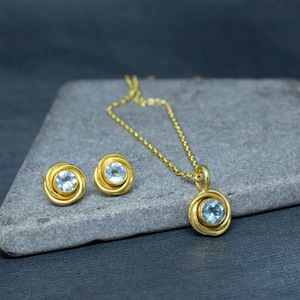 Blue Topaz and Gold Stud Earrings, Blue Topaz Pendant Necklace, Birthstone Jewellery Set, Art Deco
