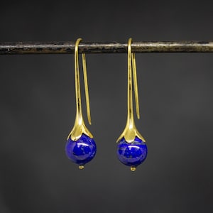 Lapis and Gold Earrings, Art Nouveau Lapis Drop Earrings, September Birthstone Jewellery, Natural Lapis Lazuli