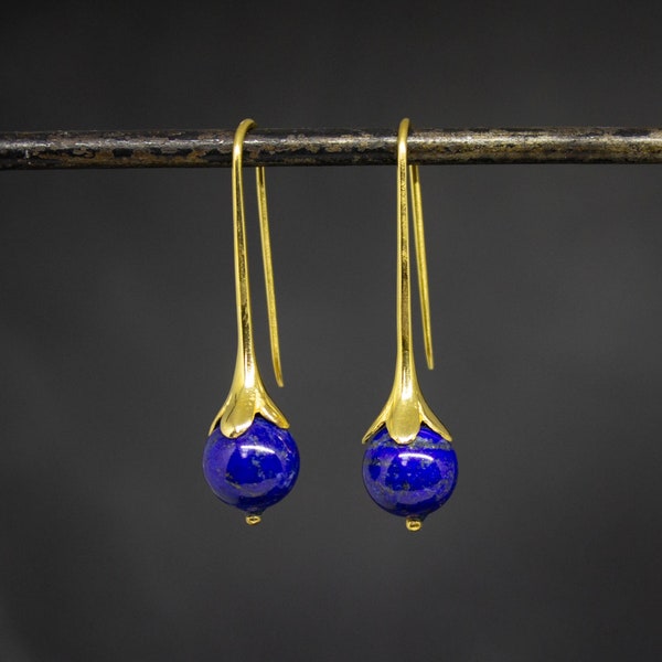 Pendientes de lapislázuli y oro, pendientes colgantes de lapislázuli art nouveau, joyas de piedra de nacimiento de septiembre, lapislázuli natural