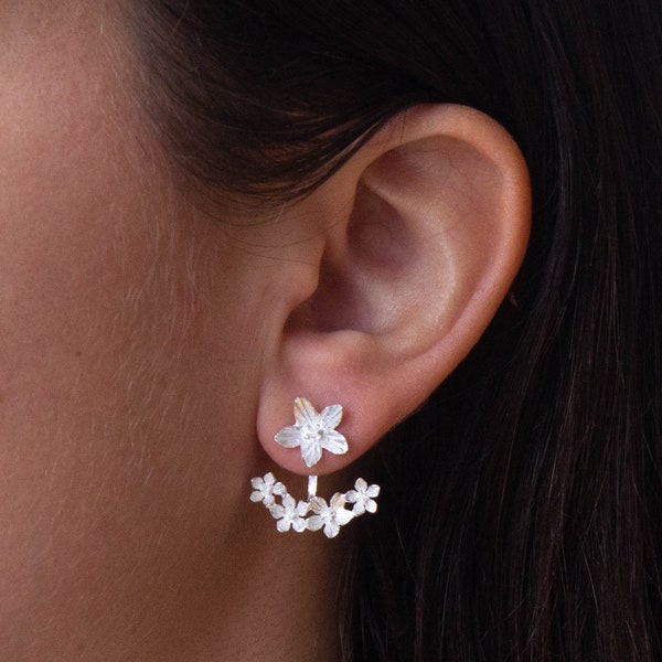 Silver Ear Jackets, Flower Stud Earrings, Silver Flower Studs, Front and Back Earrings, Sterling Silver