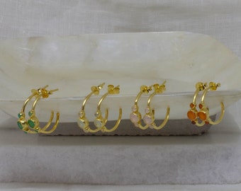 Gemstone Hoop Earrings, Gold Half Hoops, Carnelian, Rose Quartz, Green Onyx, Prehnite