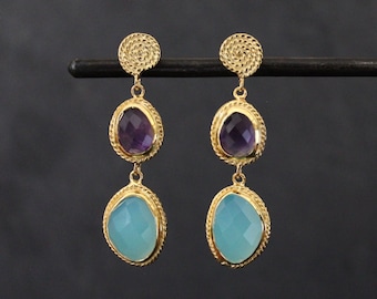 Gold and Gemstone Earrings, Amethyst and Aqua Chalcedony, Wirework Gold Drops, Faceted Gemstone, Gold Vermeil