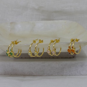 Gemstone Hoop Earrings, Gold Half Hoops, Carnelian, Rose Quartz, Green Onyx, Prehnite