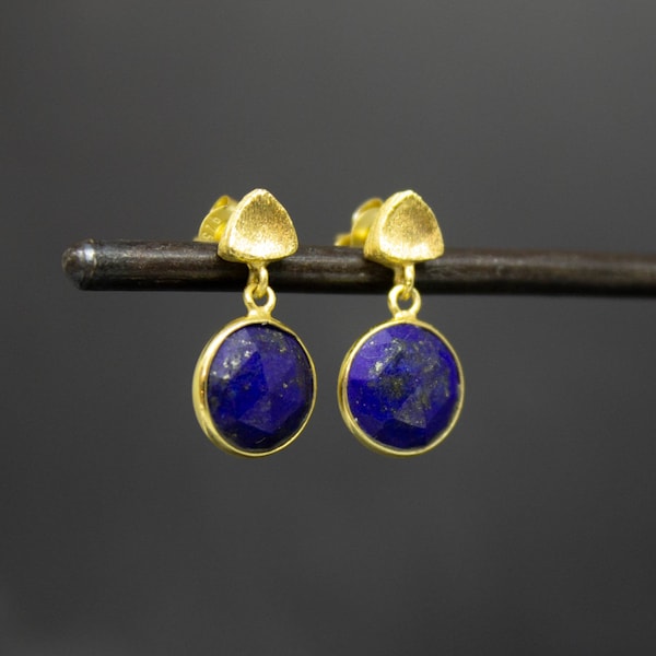 Gold and Lapis Earrings, Round Gemstone Earrings, Faceted Lapis Lazuli, Brushed Gold Vermeil