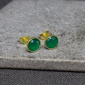 Green Onyx Stud Earrings, Gold and Onyx, Faceted Gemstone Studs, Round Everyday Earrings