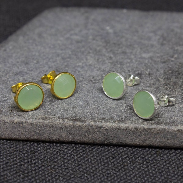 Prehnite Earrings, Gold and Prehnite, Silver Stud Earrings, Green Gemstone Studs, Everyday Earrings