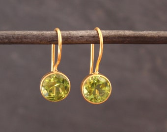 Peridot Earrings, Gold and Peridot Earrings, August Birthstone, Faceted Peridot, Gold Drop Earrings, Round Gemstone Earrings, Gold Vermeil