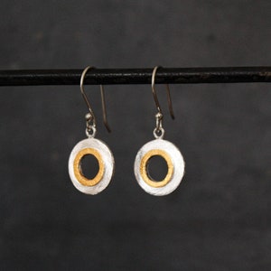 Silver and Gold Earrings, Mixed Metals, Brushed Silver Earrings, Matt Gold Vermeil, Open Circle Drop Earrings, Sterling Silver image 2