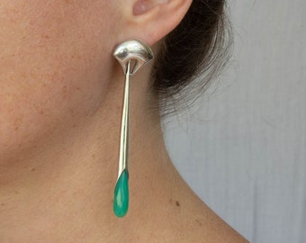 Orecchini Art Déco in argento, argento e crisoprasio, orecchini grandi, gocce in argento sterling e pietre preziose