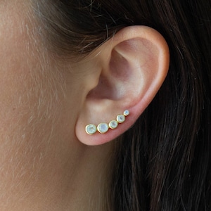 Rainbow Moonstone Ear Climber, Gemstone Climber Oorbellen, Goud en Moonstone Crawler Earring, Juni Geboortesteen