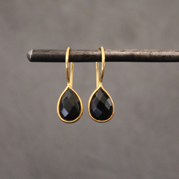Onyx Earrings, Gold and Onyx Earrings, Gemstone Earrings, Black Onyx Earrings, Faceted Onyx, Teardrop Earrings, Gold Vermeil