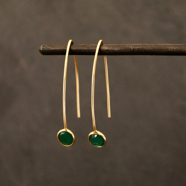 Green Onyx Earrings, Gemstone Hoops,  Gold and Green Quartz Earrings, Gold Hoop Earrings, Gold Vermeil