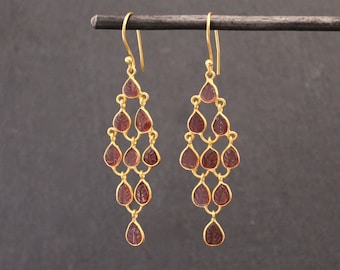 Garnet Earrings, Gold and Garnet Earrings, Chandelier Earrings, January Birthstone, Carved Gemstone Earrings, Gold Vermeil