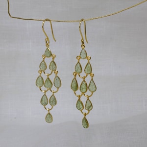 Peridot and Gold Earrings, Chandelier Earrings, August Birthstone, Carved Gemstone Earrings, Gold Vermeil