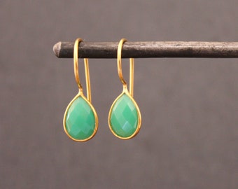 Green Chrysoprase Earrings, Gemstone Earrings, Gold Drop  Earrings, Teardrop Earrings, Gold Vermeil