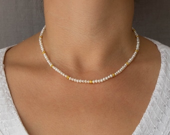 Pearl and Gold Necklace, White Pearl Stacking Bracelet, Freshwater Pearl Beaded Necklace, June Birthstone Jewellery