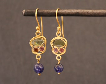 Gemstone Earrings, Tourmaline Earrings, Gold Drop Earrings, Sapphire, Gold Vermeil