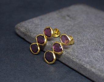 Garnet and Gold Stud Earrings, Raw Gemstone Earrings, January Birthstone, Gold Vermeil