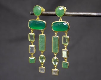 Gemstone Chandelier Earrings, Gold Statement Drop Earrings, Aventurine, Labradorite, Green Onyx, Green Amethyst