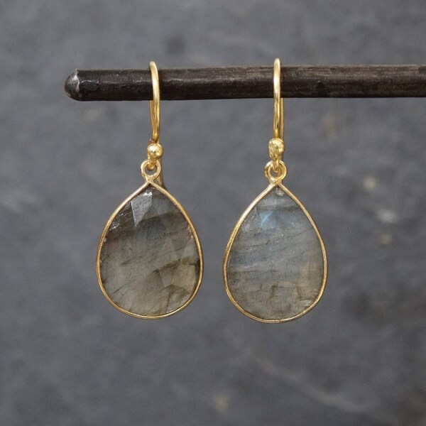 Labradorite Earrings, Labradorite Drops, Gold and Labradorite, Teardrop Labradorite, Faceted Gemstone Earrings, Simple Everyday Earrings