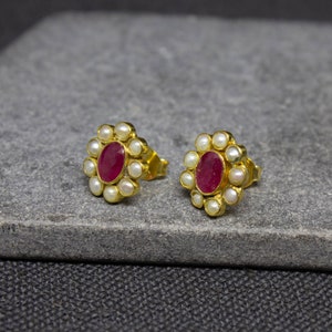 Ruby and Gold Earrings, Ruby and Pearl Studs, July Birthstone, June Birthstone, Gold Vermeil