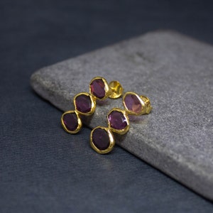 Garnet and Gold Stud Earrings, Raw Gemstone Earrings, January Birthstone, Gold Vermeil
