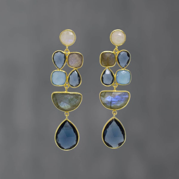 Gemstone and Gold Drops, Large Statement Earrings, Chandelier Earrings, Rainbow Moonstone, Labradorite, Chalcedony and Kyanite