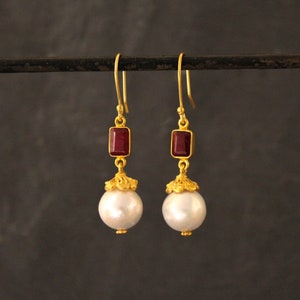Pearl and Ruby Earrings, Gold Drop Earrings,