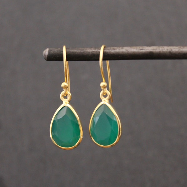 Green Onyx Earrings, Gold and Gemstone Earrings, Teardrop Earrings, Green Quartz Drops, Gold Vermeil