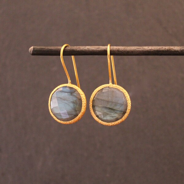 Labradorite and Gold Earrings, Labradorite Earrings, Round Gemstone Earrings, Textured Gold, Gold Vermeil, Faceted Labradorite