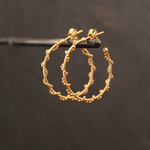 May include: Gold hoop earrings with a beaded design. The earrings are a simple and elegant style.