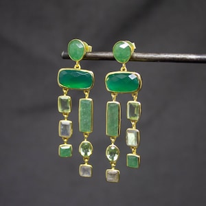 Gemstone Chandelier Earrings, Gold Statement Drop Earrings, Aventurine, Labradorite, Green Onyx, Green Amethyst