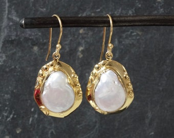 Pearl Earrings, Gold and Pearl Drop Earrings, Irregular Pearl Earrings, Biwa Pearl, Natural Pearl, Gold Vermeil, Wedding Jewellery