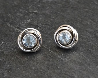 Blue Topaz Earrings, Silver and Blue Topaz Stud Earrings, Silver Nest Earrings, Art Deco Earrings, December Birthstone, Sterling Silver