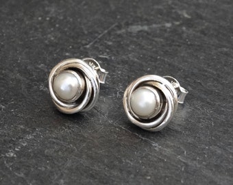 White Pearl Earrings, Silver and Freshwater Pearl Stud Earrings, Silver Nest Earrings, Art Deco Earrings, June Birthstone, Sterling Silver