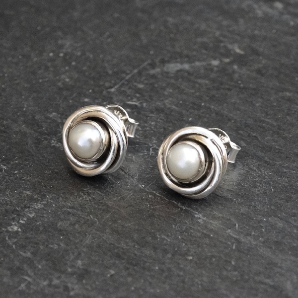 White Pearl Earrings, Silver and Freshwater Pearl Stud Earrings, Silver Nest Earrings, Art Deco Earrings, June Birthstone, Sterling Silver