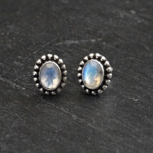 Rainbow Moonstone Earrings, Silver and Moonstone Stud Earrings, June Birthstone, Faceted Rainbow Moonstone, Sterling Silver Detail