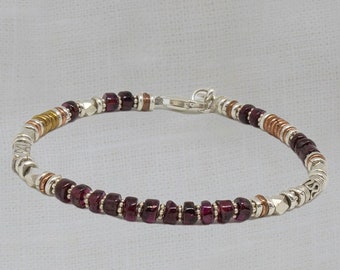 Garnet Bracelet, Silver and Garnet, January Birthstone Bracelet, Beaded Bracelet, Mixed Metals, Sterling Silver, Copper, Brass