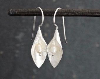 Silver Drop Earrings, Silver Flower Earrings, Brushed Silver, Freshwater Pearl, Matt Silver, Wedding Earrings, Sterling Silver