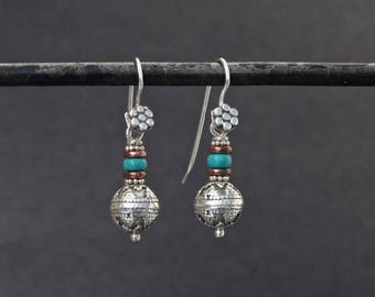 Silver Drop Earrings, Turquoise and Silver Earrings, December Birthstone, Silver and Copper, Boho Silver Earrings, Sterling Silver 925