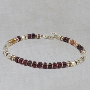 Garnet Bracelet, Silver and Garnet, January Birthstone Bracelet, Beaded Bracelet, Mixed Metals, Sterling Silver, Copper, Brass