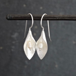 Silver Drop Earrings, Silver Flower Earrings, Brushed Silver, Freshwater Pearl, Matt Silver, Wedding Earrings, Sterling Silver image 1