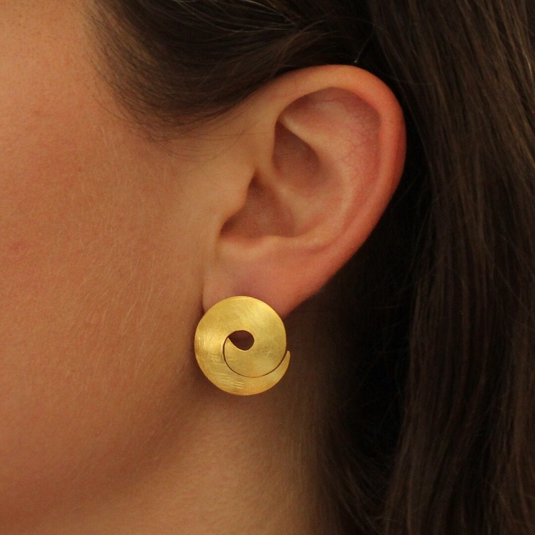 Gold Studs, Gold Earrings, Brushed Gold Earrings, Swirl Earrings, Round ...
