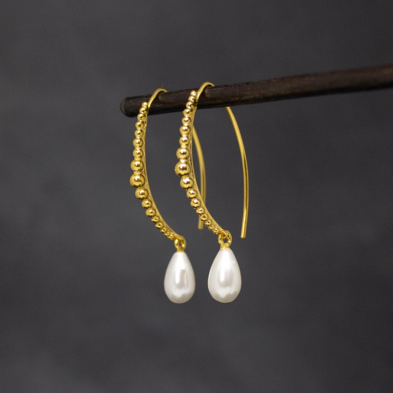 Gold and Pearl Hoop Earrings, Boho Gold Hoops, White Pearl Charm Hoops, image 1