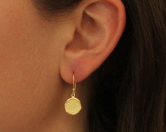 Gold Drop Earrings, Gold Disc Earrings, Textured Earrings, Round Earrings, Simple Earrings, Matt Gold, Gold Vermeil