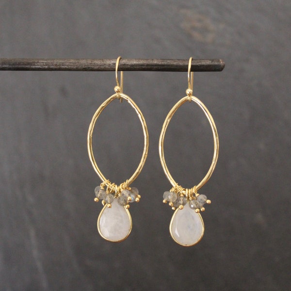 Gemstone Earrings, Rainbow Moonstone and Gold Earrings, Labradorite Earrings, June Birthstone Earrings, Dangle Earrings, Gold Vermeil