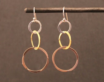 Mixed Metal Earrings, Silver and Gold, Rose Gold Earrings, Circle Earrings, Textured Drop Earrings