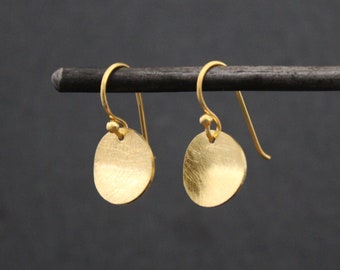 Gold Disc Earrings, Brushed Gold Drops, Round Gold Discs, Simple Everyday Earrings, Gold Vermeil