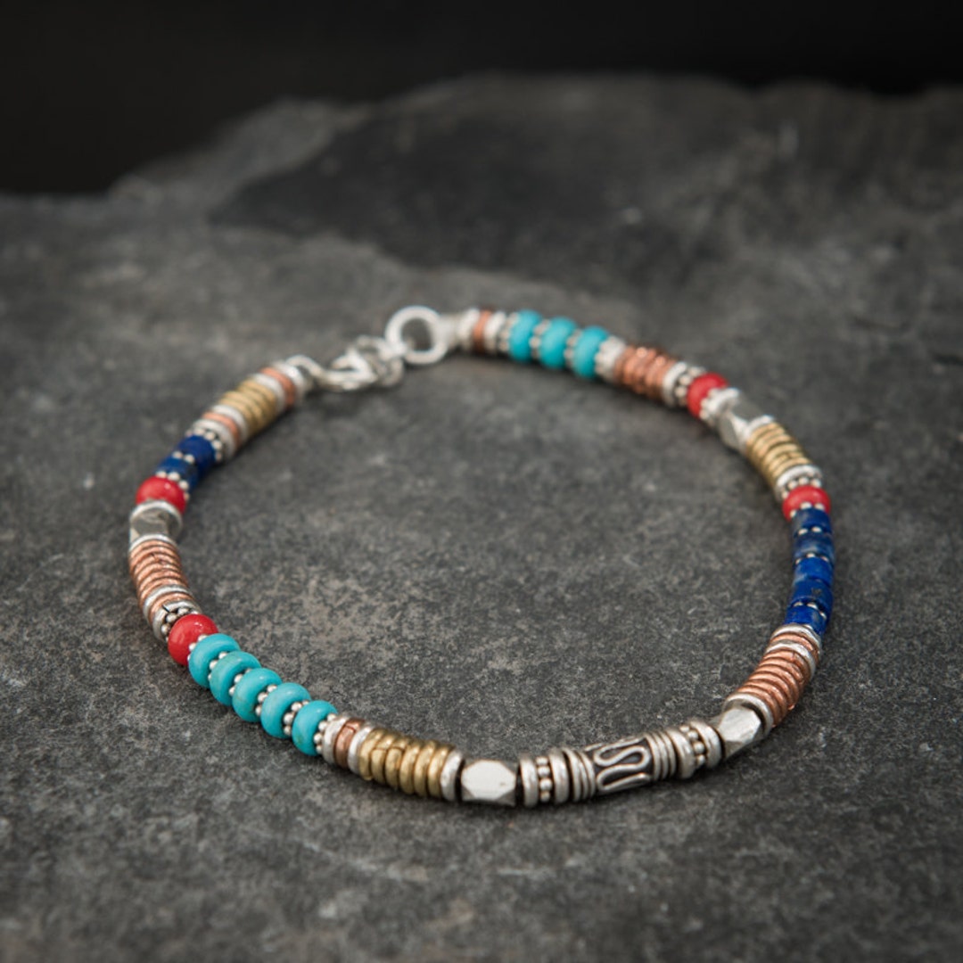 Semi Precious Bead Bracelet, Sterling Silver Copper and Brass, Gemstone ...